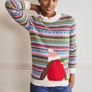 Boden multi fairisle Christmas sweater robin bird Sz M